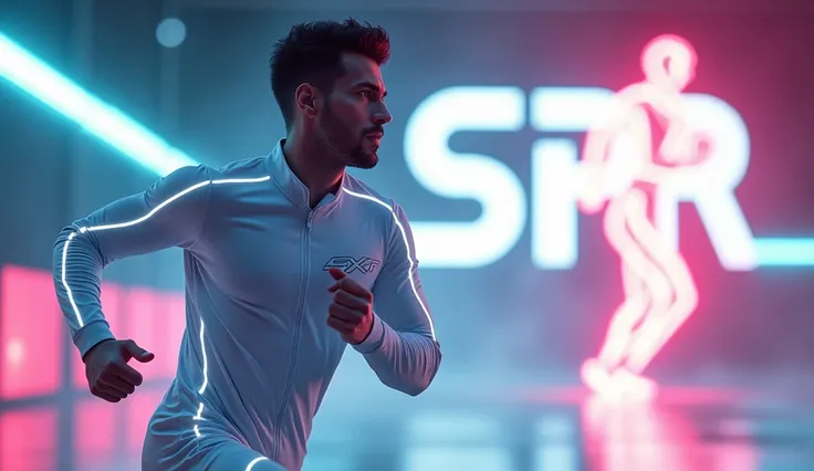 In this image, a man is seen in full view, wearing a modern white sports suit with the SXR logo on the chest, which appears to have LED lights on the sides. He is seen running in a neon-lit area, with the logo on it. "SPR" Large, glowing figure behind him....