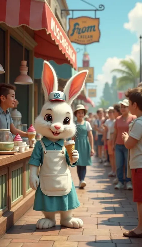 make a realistic picture of a cute rabbit wearing a typical ice cream sellers outfit Long queue in front of the ice cream shop with various people of all ages