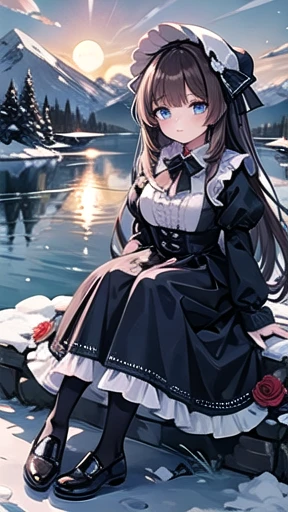 masterpiece, Best Quality, winter, Snowfield, One girl, bangs, blue eyes, blunt bangs, bonnet, ブラウンのshoes, Brown Hair, dress, Frills, [fruit, whole body, Have, Long Hair, Long sleeve, Staring at the audience, pantyhose, purple dress, Red Flower, red rose, ...