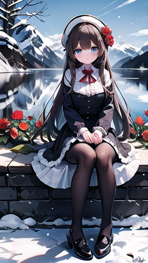 masterpiece, Best Quality, winter, Snowfield, One girl, bangs, blue eyes, blunt bangs, bonnet, ブラウンのshoes, Brown Hair, dress, Frills, [fruit, whole body, Have, Long Hair, Long sleeve, Staring at the audience, pantyhose, purple dress, Red Flower, red rose, ...