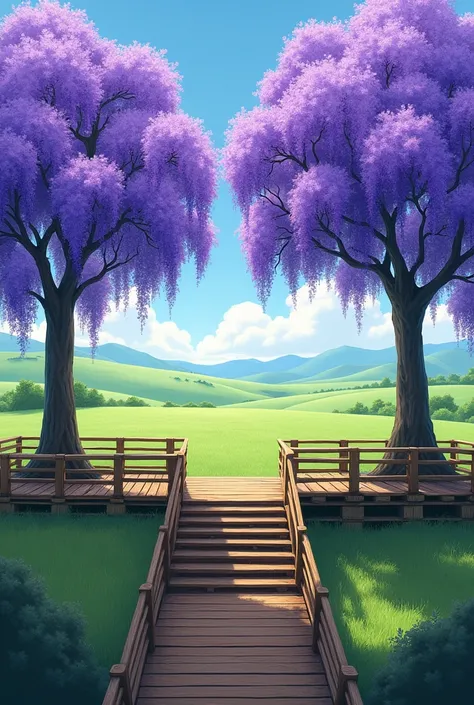 Fais moi une photo  montrant 4 arbres  de jacarandas avec leurs fleurs independants  alignés horizontalement  distants de 2m au moins avec chacun leurs pieds et ces arbres sont reliés entre eux par un échafaudage de palettes reliees a une hauteur de 1.m50 ...