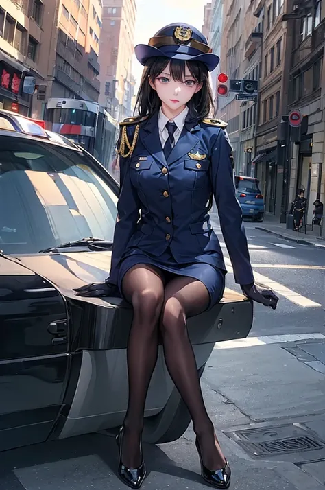 Best Quality、masterpiece、8k、Realistic、超High resolution、Very delicate and beautiful、High resolution、Cinema Lighting、Beautiful woman、Mature Woman、Beautiful Eyes、Cityscape、(Black hair)、((Navy blue female police officer)),((uniform))((White gloves))、((Black Pa...