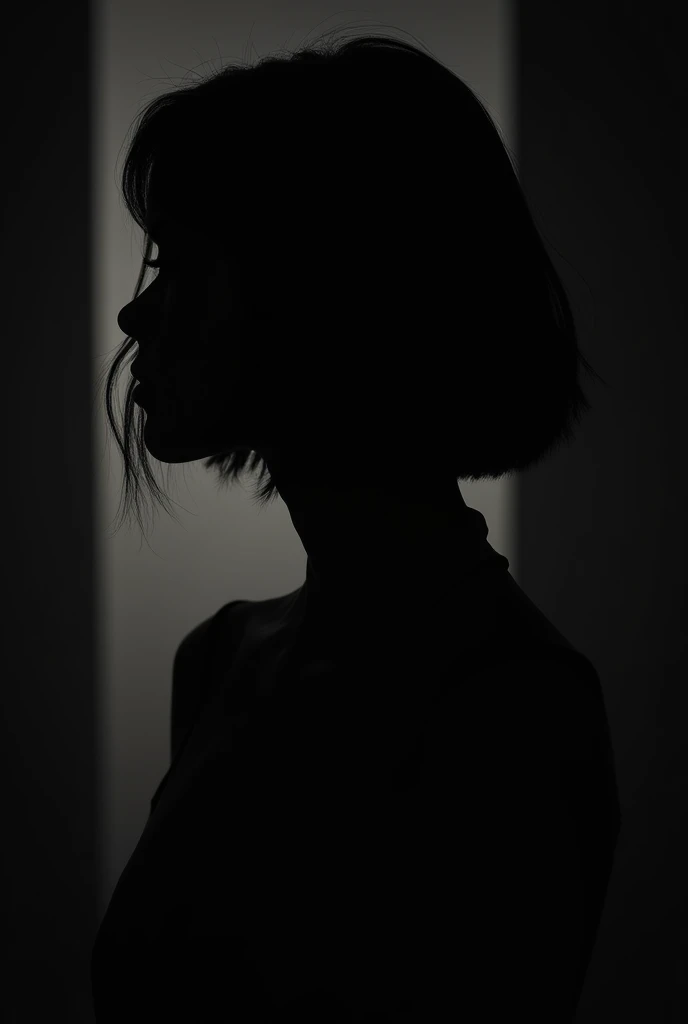 silhouette of a beautiful girl with short bob hair  ,ninth , in the dark in black and white

