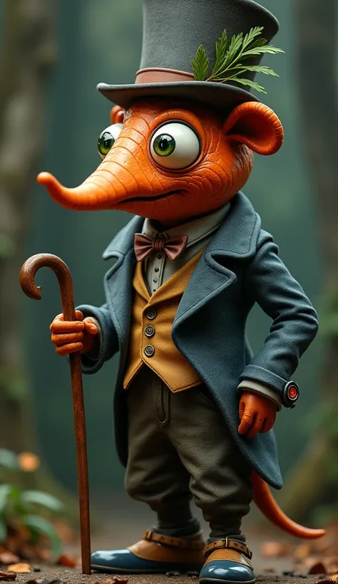 a humanoid with a carrot head, human-like face, in the style of alice in wonderland, wearing a gentlemans hat, monocle, and cane, with highly detailed clothing, full body shot, 4k 8k realistic, masterpiece