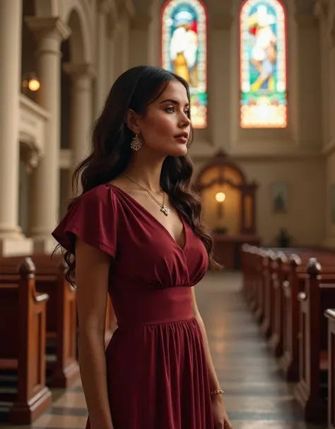 "Create an image of a brunette woman with light brown skin, C cup breasts, and a triangular body shape, inside a beautiful Catholic church. She is wearing a modest yet elegant dress or blouse with a high-waisted skirt in a rich, classic color like navy blu...