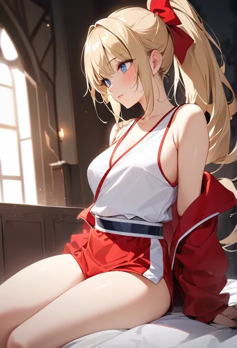 masterpiece, Super high quality CG, Best Quality, Perfect photo, Alone, Lidia Sobieska (Iron Fist, Blonde hair in a high ponytail, blue eyes, Red Hair Bow, strong), Wearing a sexy karate uniform, Sitting on the bed, Turn to the side, blush, Show your shoul...