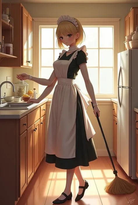 A maid with 4 arms does the dishes and cleans the floor at the same time