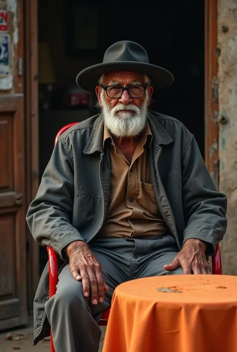 Create an image of an 8 man with wrinkled skin, dark skin, black glasses, black hat, brown shirt, gray pants and a gray open friu coat. He must be sitting on a red iron chair similar to those on the beach with an orange cloth in front of him inside his hou...