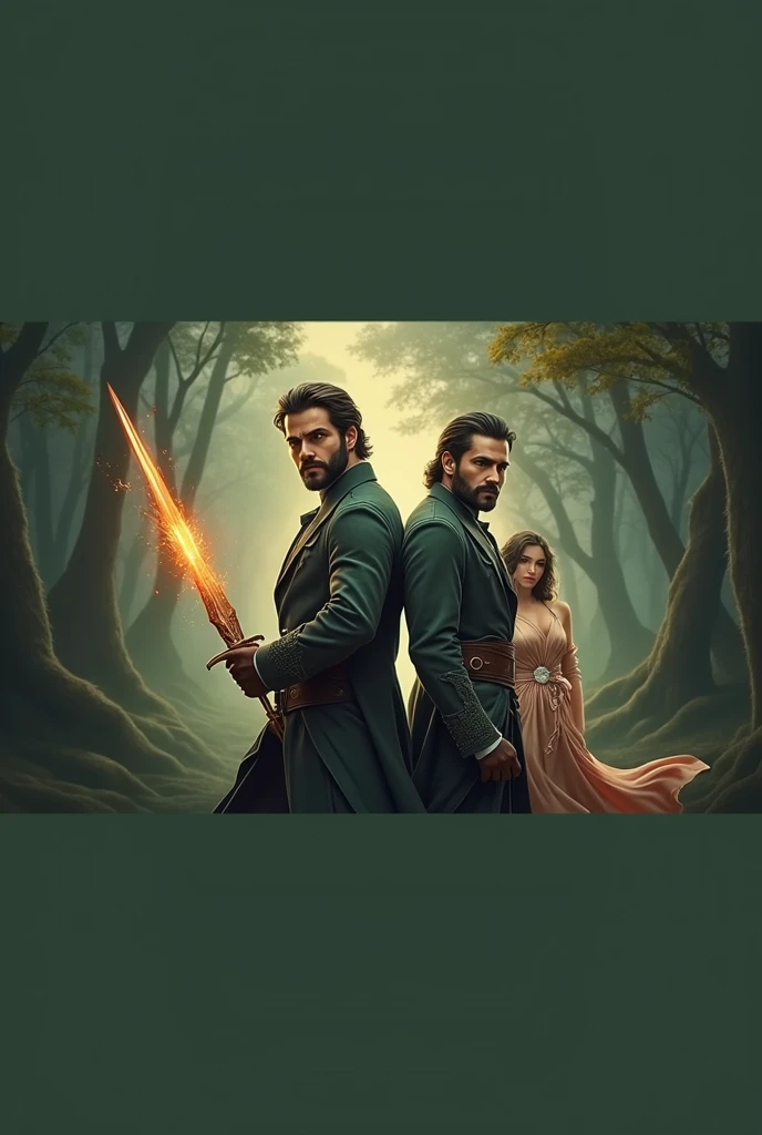 Make a poster in which a 2 handsome man is stands with a magic sword in his hand, wearing a long jacket and pants, with confident and elegant expressions and next to him in the background is a beautiful woman stands, wearing a beautiful dress with confiden...