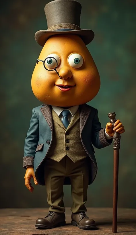 a humanoid with a potato head, human-like face, gentlemans hat, monocle, cane, extremely detailed clothing, full body shot, 4k 8k realistic, masterpiece, alice in wonderland, photorealistic, ornate, intricate details, high quality, sharp focus, vivid color...