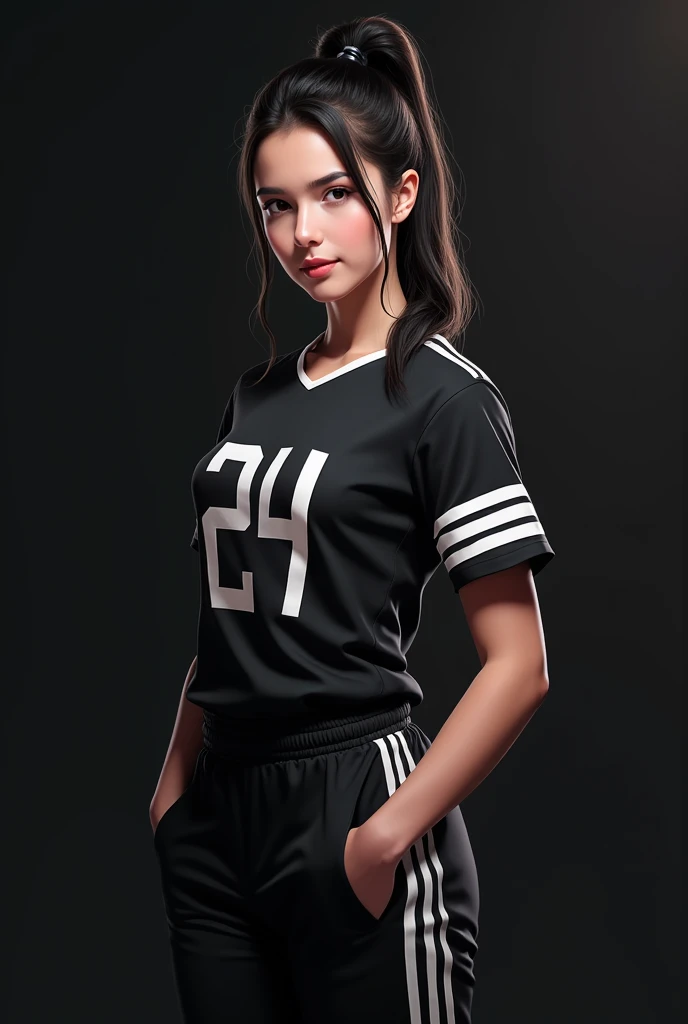 A beautiful young girl wearing a sports black jersey with white stripes on the sleeves, a matching pair of sports black pants with white stripes on the sides, jersey number 24/3, hair tied back with a black bow, against a dark background, highly detailed d...