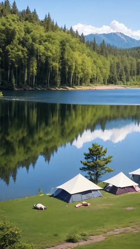 forest、lake、lake畔、camp、tent、Clear skies、There are wild birds