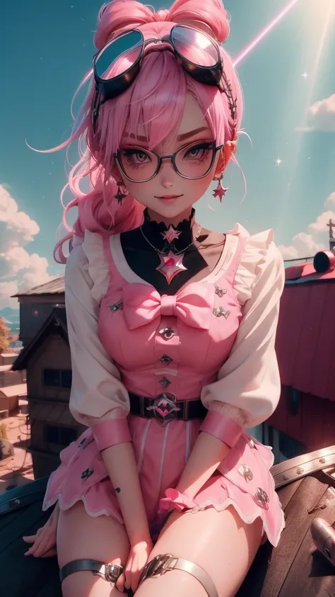 Pink hair, A fleeting glimpse, Kawaii girl, Youre my sweet poison, russian traditional outfit, sitting on the roof, skinny beautiful slender skinny legs, lettering "Silverkopf"in large letters at the top, pink hair, hair between eyes, hair ornament, bespec...