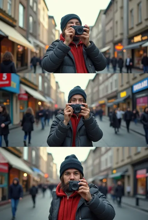 Autre photos de cette meme ville avec le meme visage se prenant en selfie dans une rue commercante de charleroi en Belgique 