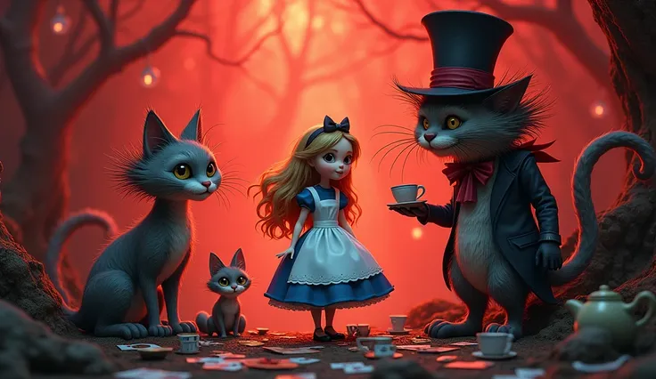 Alice, Mad Hatter, Cheshire Cat in “ Alice in the wonderland “ and the party which has main color is red and a little bleak, fairytale style and some hilarious factors 