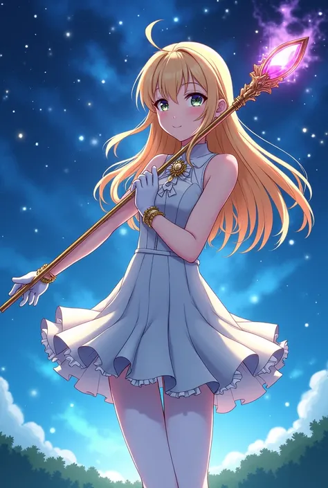 blonde long hair anime girl，White Gloves，short skirt dress，white pantyhose，Night sky，Gemstone huge magic wand，Anime comic style