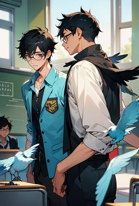 Male high school student, black hair, short hair, glasses, boys love, 2men, classroom, bird&#39;s-eye view, hug, school uniform, blazer, whole body, couple, 2 people, proposal