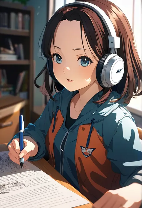 Anime girl sitting at a desk with headphones on and writing, Anime Style 4 k, Digital anime illustration, Digital anime art, Anime Style. 8k, Anime Moe Art Style, anime art wallpaper 4k, anime art wallpaper 4k, Anime Style illustration, Smooth anime CG art...