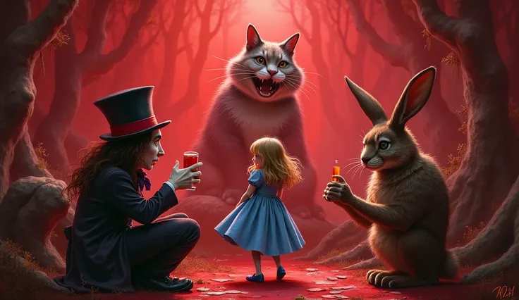 Alice, Mad Hatter and Cheshire Cat in “ Alice in the wonderland “ and the party which has main color is red and a little bleak, fairytale style and some hilarious factors 