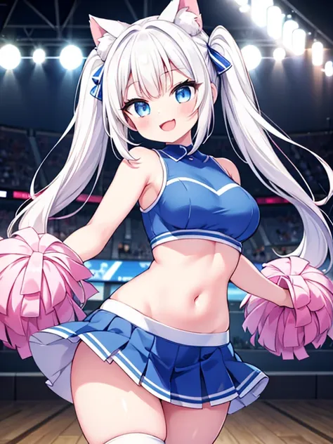 1girl, cute cheerleader, white hair, twin tails, cat ears, (smile:1.3), (open your mouth:1.3), blue eyes, curvy, midriff exposed, cheering, (best quality, 4k, 8k, highres, masterpiece:1.2), ultra-detailed, HDR, UHD, studio lighting, ultra-fine painting, sh...