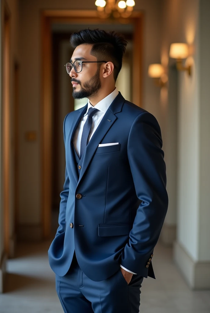 A handsome asian boy age 29 slightly beard with rimless glasses side pose looking left side for her bride to come... eyes not obvious in side pose..in a  formal groom blue 3 pc  suit blue color  full picture with shoes.