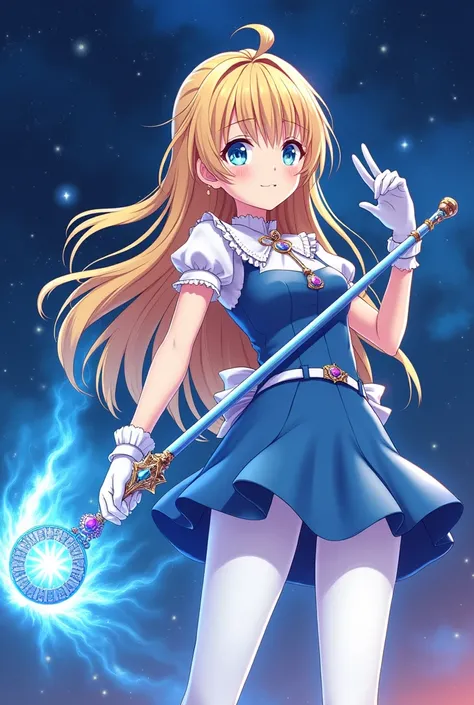 blonde long hair anime girl，White Gloves，short skirt dress，white pantyhose，Night sky，Gemstone huge magic wand，Anime comic style