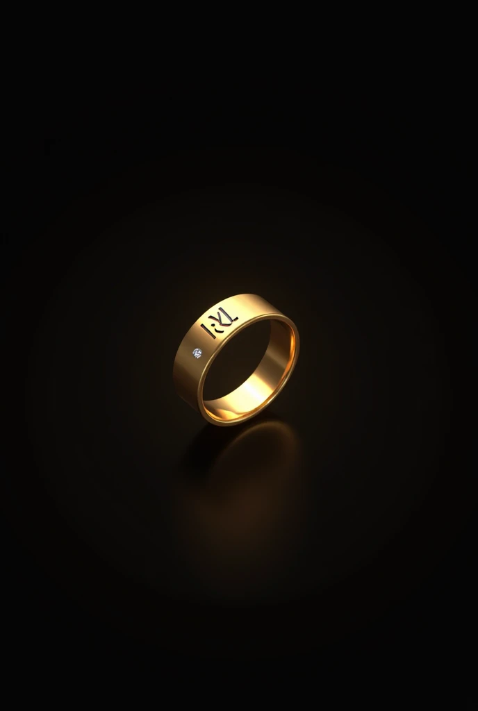 Make me a picture with a black background with a gold ring with the KL logo on it and 1 diamond 