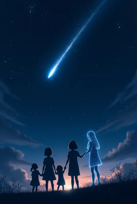 Generate image of a night sky with a shooting star, and silhouettes of 3 girls one of the girls is holding the hand of a  and 4th girls silhouette is watching them from aside but is a bit transparent 