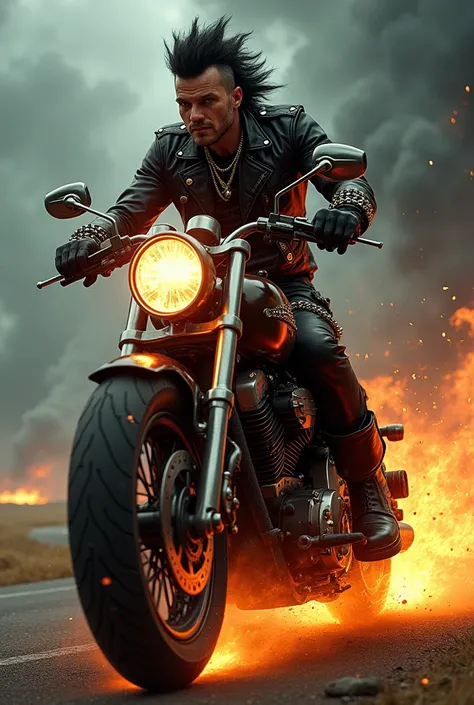 I design a punk riding a motorcycle as if on fire and behind him a strong storm 