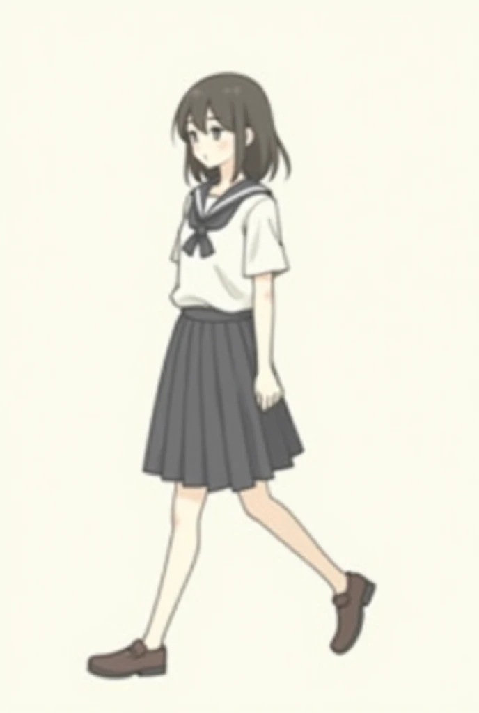 A simple illustration of a girl wearing a school uniform walking sideways. 
The background is plain and minimalistic, focusing on the girl. 
She has a calm expression, medium-length hair, and is in mid-step. 
The school uniform consists of a classic pleate...