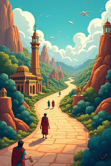 View on an ancient road symbolizing a journey through different civilizations in cartoon 