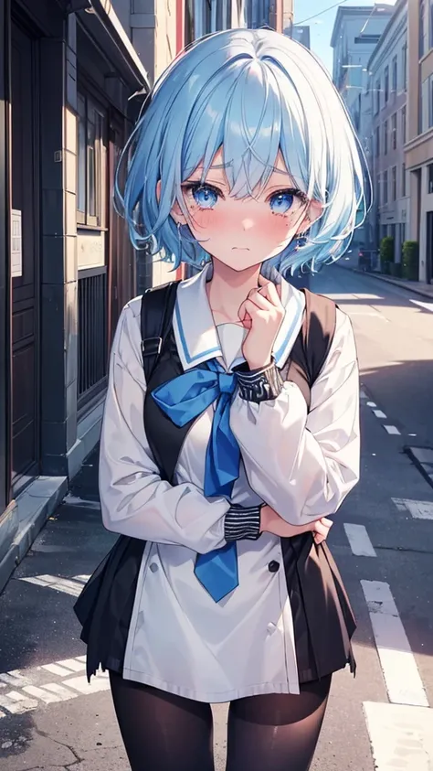 (Best Quality,Very detailed,High school girl,low length,Black tights,Embarrassed face,White, round eyes,Big tears flowing from my eyes,Your clothes are torn,Covered in scars)Blue Hair,Short Hair,cute,Wearing a high school uniform,blue eyes,Her eyes are whi...