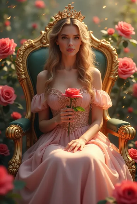 A rose in the hand of a beautiful princess sitting on her golden chair with a slightly shiny background of roses 