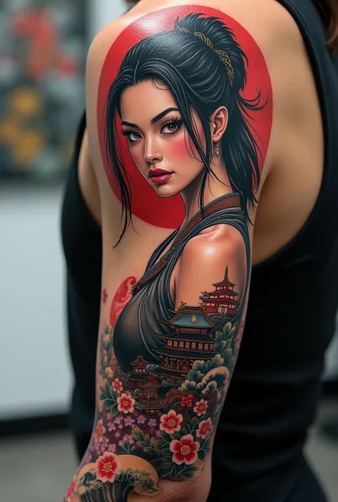 Tattoo of full body visual realistic and sexy Samurai girl on forearm 