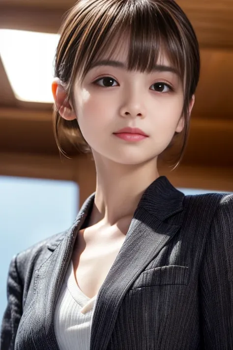 Highest quality, Realistic, Very detailed, finely, High resolution, 8k, Cinema Lighting, 1 person, Cute Japanese Women, 20 years old, light brown straight bob hair, (extra very tiny bangs, blunt bangs above the eyebrows:1.6), (Wearing a simple business sui...