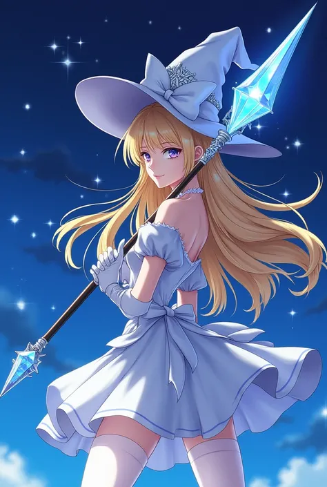 blonde long hair anime girl，White Gloves，short skirt dress，white pantyhose，Night sky，Gemstone huge magic wand，Anime comic style