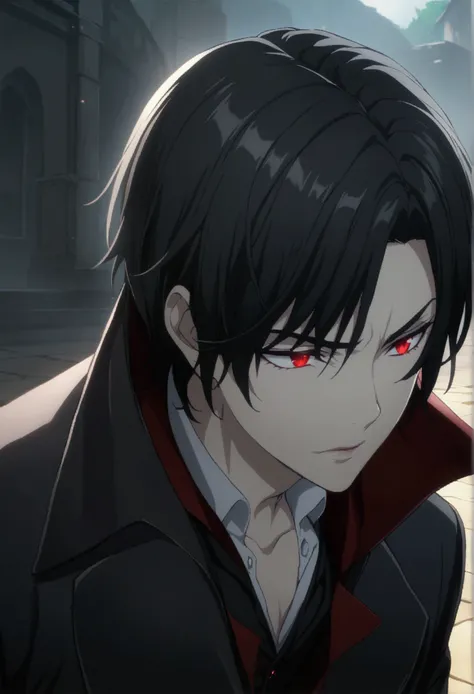 1boy, short hair, black hair, red eyes, black clothes, vampire, CG, screenshot