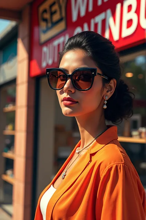 Indian woman with sunglass with, sey welcome dutta optics 