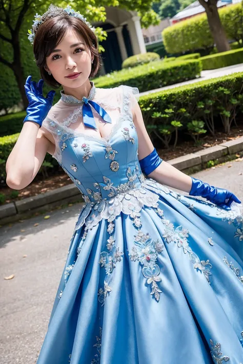 ((Masterpiece)), ((Best Quality)), A middle-aged short-hair woman, ((She is wearing an ornamental blue wedding dress)),  She is in a park, She is wearing gloves on her hands, she is wearing a collar, 