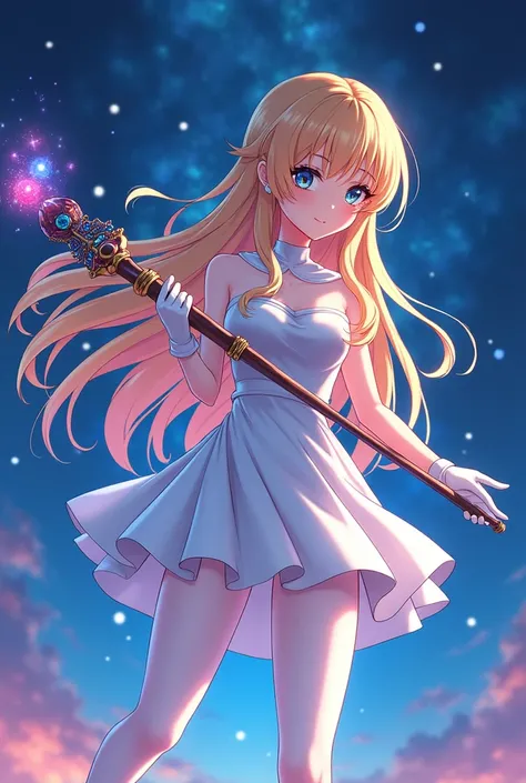 blonde long hair anime girl，White Gloves，short skirt dress，white pantyhose，Night sky，Gemstone huge magic wand，Anime comic style