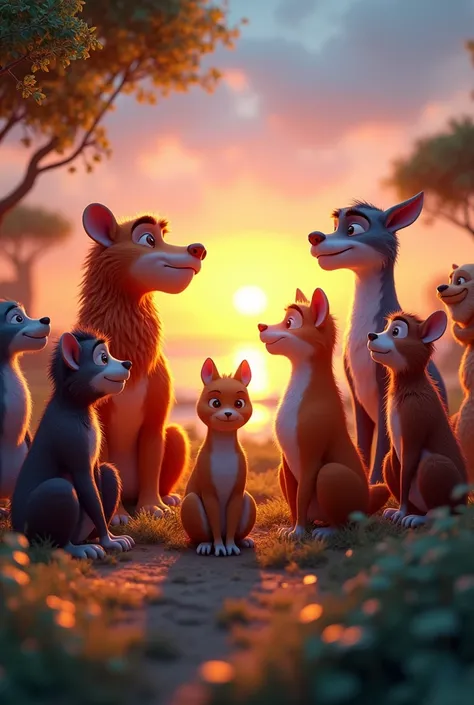 In 3D animal style "As the sun sets, the animals gather around Chuhu, sharing stories of their escape. A celebration ensues, highlighting their bond and teamwork.