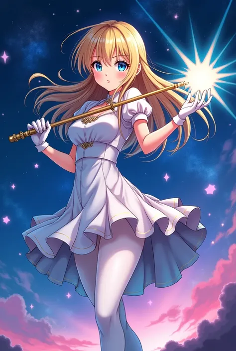 blonde long hair anime girl，White Gloves，short skirt dress，white pantyhose，Night sky，Gemstone huge magic wand，Anime comic style