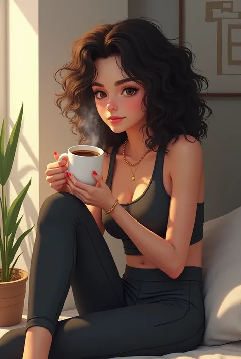 A curly black-haired girl drinking coffee in sportswear 