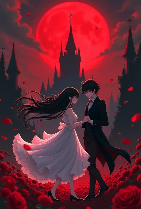 A girl with black hair and red eyes in a beautiful fluffy dress that flutters in the wind, white-red-black, and a guy with black hair and red eyes,demon dancing under the night sky,red moon ominous vampire castle in the background rose petals flying High R...