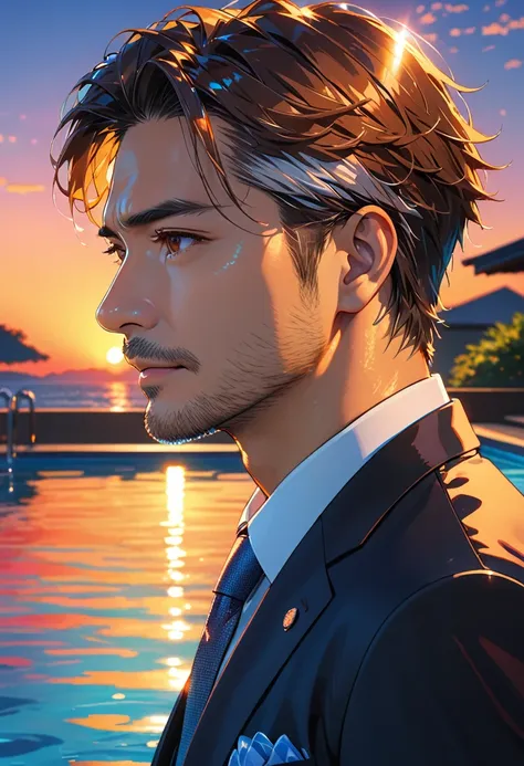 (masterpiece, Best Quality:1.2), One Man、Japanese、(side), Brown eyes, Beautiful Face, Nice middle-aged man、Salaryman、suit、Backlight, Night Pool(Shining Water Surface), Vibrant colors, Sunset、8k, Ultra HD、Side Shot、Stubble under the chin