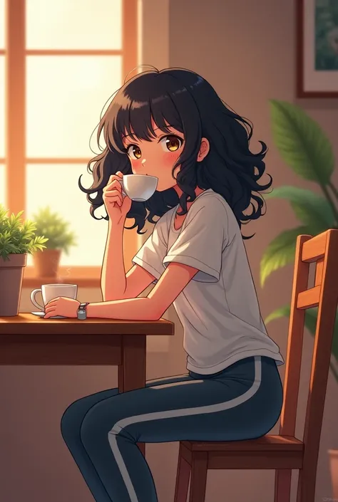 A girl in anime with black curly hair sitting in the dining room drinking coffee in sportswear 