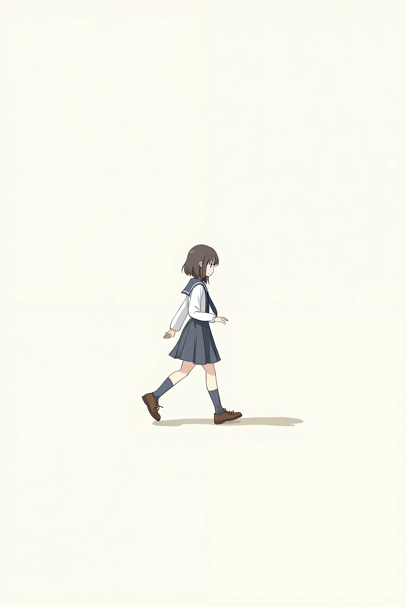 A simple illustration of a girl wearing a school uniform walking sideways. 
The background is plain and minimalistic, focusing on the girl. 
She has a calm expression, medium-length hair, and is in mid-step. 
The school uniform consists of a classic pleate...