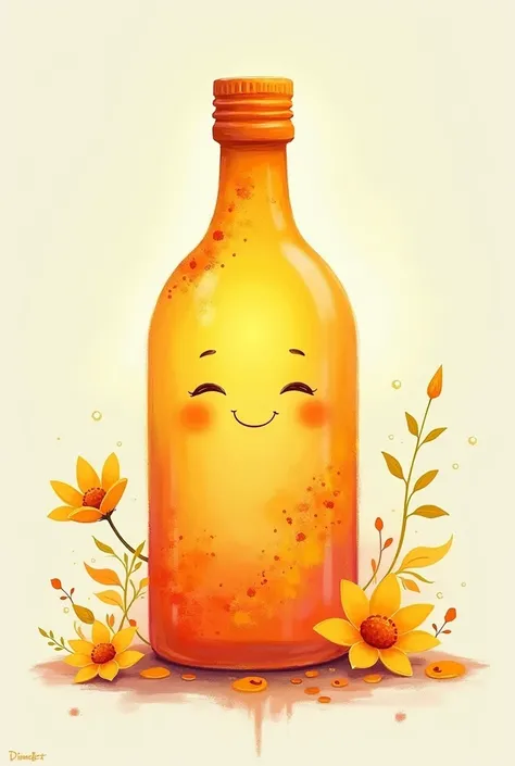 I have a bottle whose color got removed due to my stupidity. Now i want to paint it and make something cute on it. Its cap is in orange colour so suggest something in yellow to orange shades.
