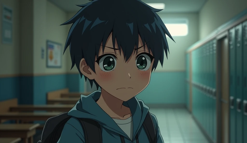 A sad cute boy, in a school 
