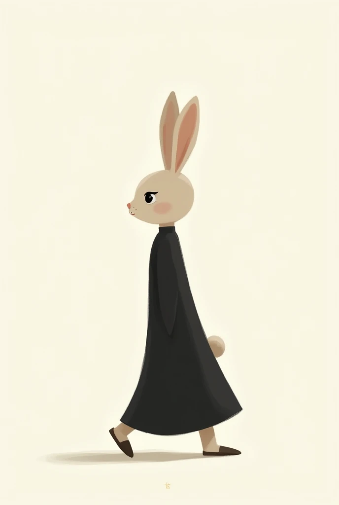 1 female, (furry, kemono:1.3), rabbit, A minimalist image of a woman walking in profile, dressed in a simple, monochrome black dress. The background is a solid, off-white color with no visible texture. The lighting is soft and even, creating a gentle shado...